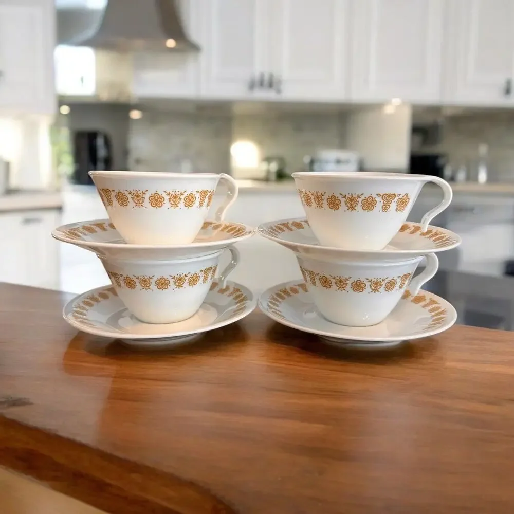 Set of 4 Corelle Gold Butterfly Coffee Cups and Saucers 8pc cottagecore